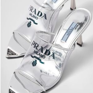 Prada Logo-Print Plexiglas High Heel Slides SILVER